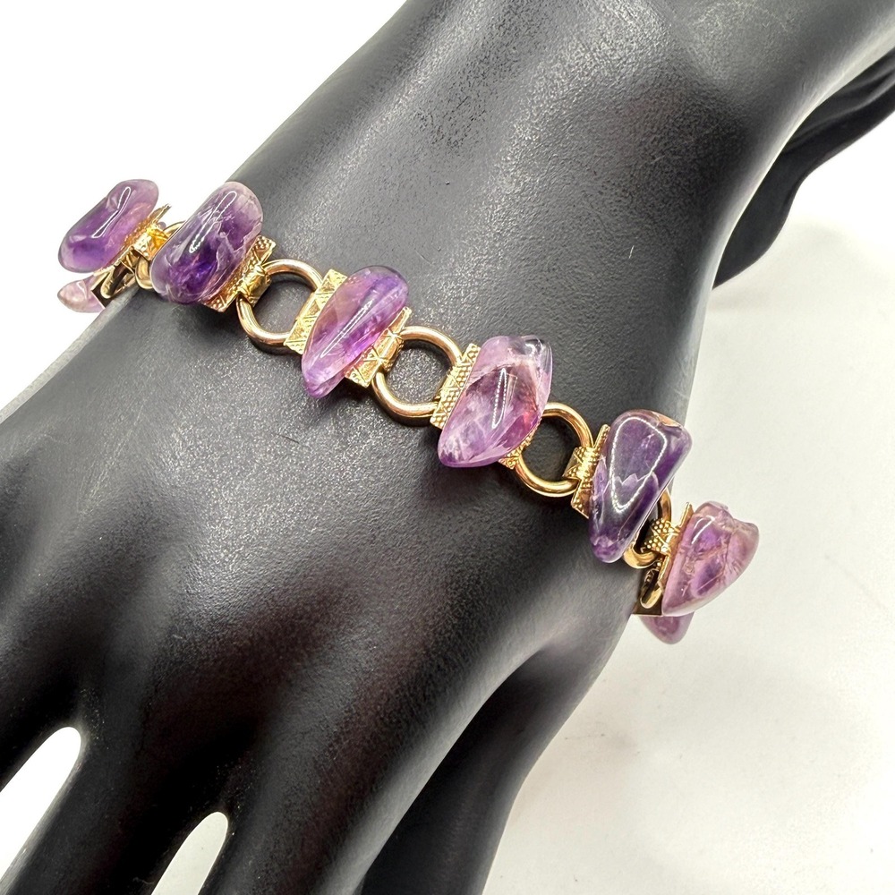 Vintage Gold Tone Link Chain Purple Amethyst Semi-Precious Stone Chip Bracelet